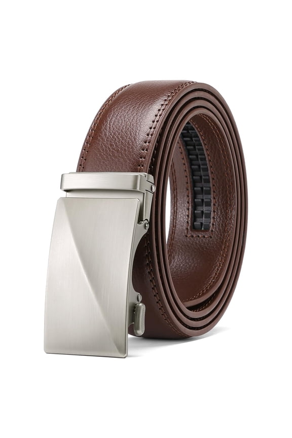 Men's Leather Belt Automatic Ratchet Buckle Slide Belt for Dress Casual Trim to Fit with Gift Box