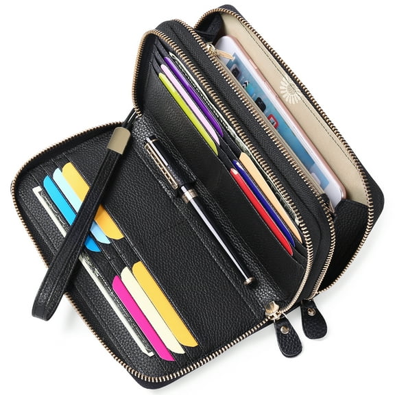 Sendefn RFID Blocking Leather Wallet for Women, Credit Card Holder, Phone Wristlet Wallet, Black
