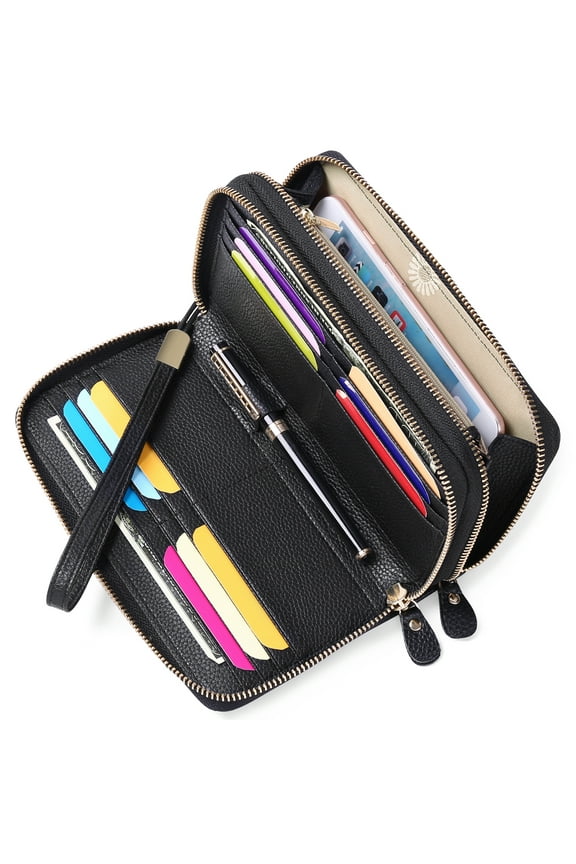 RFID Blocking Leather Wallet for Women, Credit Card Holder, Phone Wristlet Wallet, Black