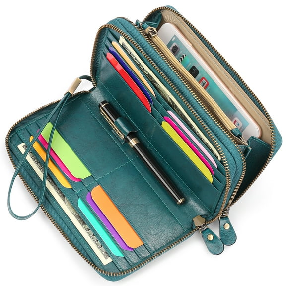 Sendefn RFID Blocking Leather Zip Wallet for Women Credit Card Cluch Holder Phone Wristlet Wallet