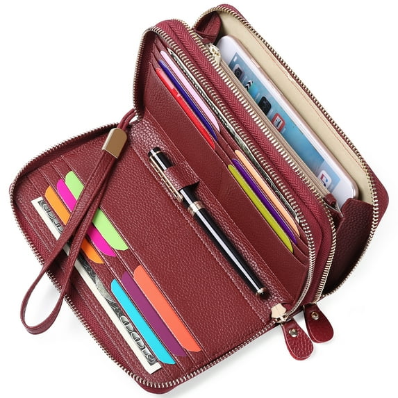 Sendefn RFID Blocking Leather Zip Wallet for Women Credit Card Cluch Holder Phone Wristlet Wallet