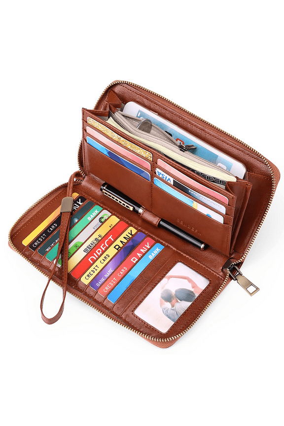 RFID Blocking Zip Women Retro Brown Leather Wallet