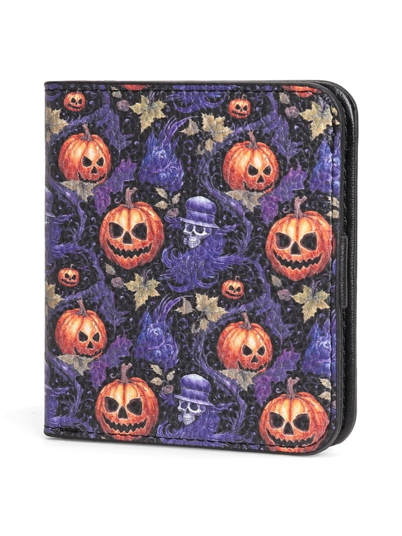 Pumpkin Pattern Small Rfid Women Wallet Bifold Zipper Coin Pocket Leather Compact Cash Credit Card Holder Travel Wallet for Female Ladies 1 ID Window 6 Card Slots