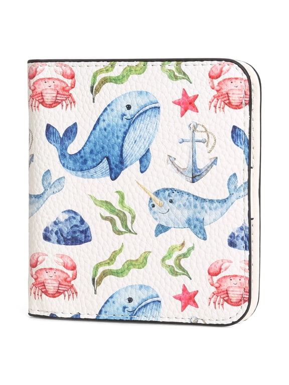 Whale Pattern Small Rfid Women Wallet Bifold Zipper Coin Pocket Leather Compact Cash Credit Card Holder Travel Wallet for Female Ladies 1 ID Window 6 Card Slots