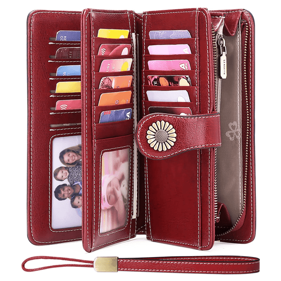 Sendefn Wallets for Women Genuine Leather Credit Card Holder with RFID Blocking Large Capacity Wristlet