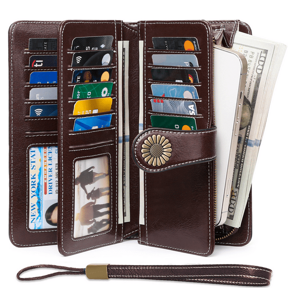 Sendefn Wallets for Women Genuine Leather Credit Card Holder with RFID Blocking Large Capacity Wristlet