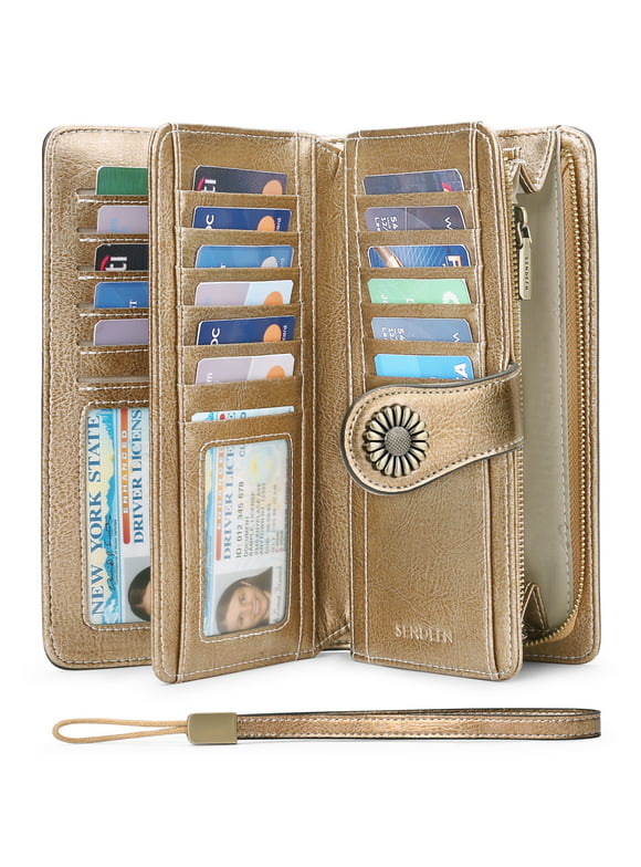 Sendefn Wallets for Women Genuine Leather Credit Card Holder with RFID Blocking Large Capacity Wristlet