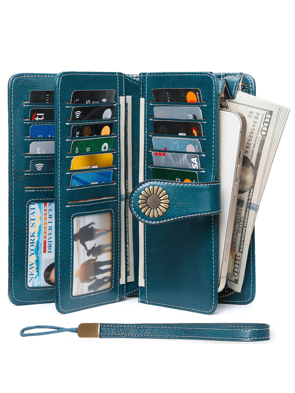 Wallets for Women Genuine Leather Credit Card Holder with RFID Blocking Large Capacity Wristlet