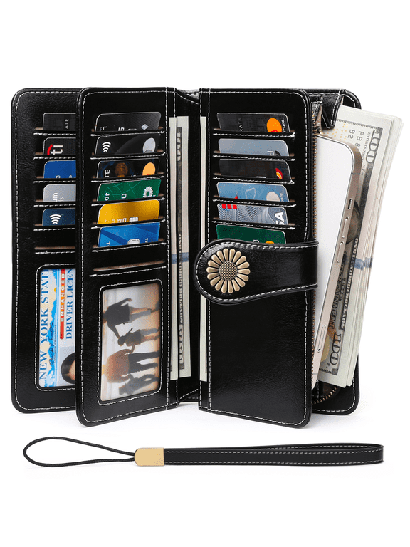 Wallets for Women Genuine Leather Credit Card Holder with RFID Blocking Large Capacity Wristlet