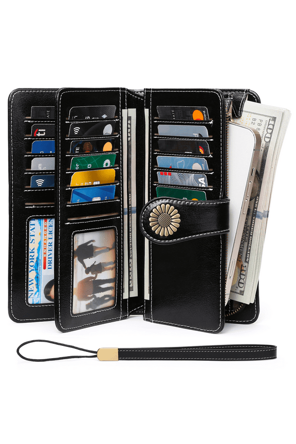 Wallets for Women Genuine Leather Credit Card Holder with RFID Blocking Large Capacity Wristlet