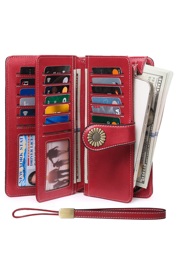 Wallets for Women Genuine Leather Credit Card Holder with RFID Blocking Large Capacity Wristlet