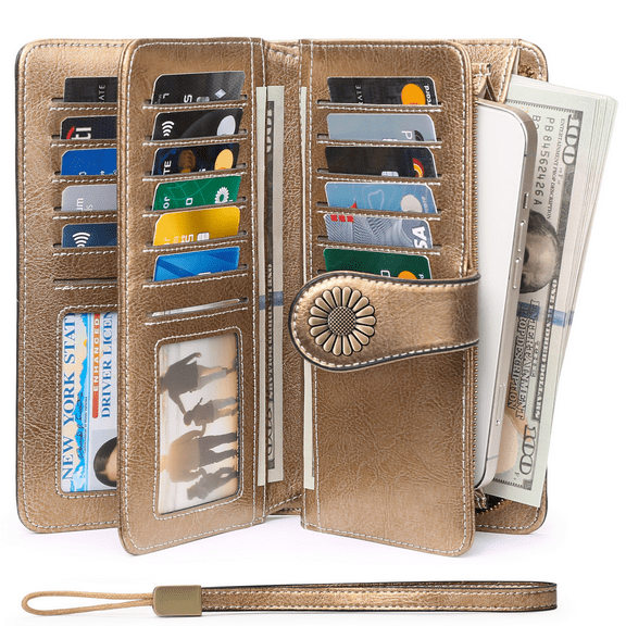 Sendefn Wallets for Women Genuine Leather Credit Card Holder with RFID Blocking Large Capacity Wristlet