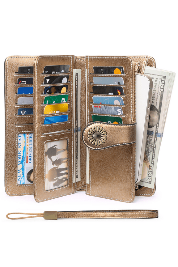 Wallets for Women Genuine Leather Credit Card Holder with RFID Blocking Large Capacity Wristlet
