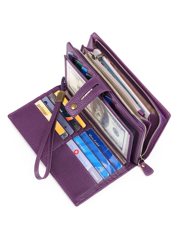 Women Wristlet Wallets Large Capacity RFID Blocking Leather Wallets Credit Cards Organizer with Checkbook Holder