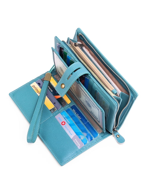 Women Wristlet Wallets Large Capacity RFID Blocking Leather Wallets Credit Cards Organizer with Checkbook Holder