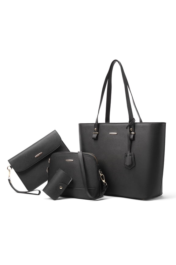 Women's 95% Leather Zipper Shoulder Bags, Black, 4-Piece