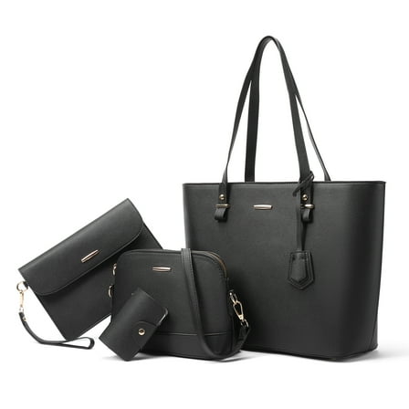 Sendefn Women's 95% Leather Zipper Shoulder Bags, Black, 4-Piece