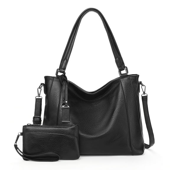 Sendefn Women's Leather Hobo Shoulder Satchel Tote Bag, Black, 2- Piece