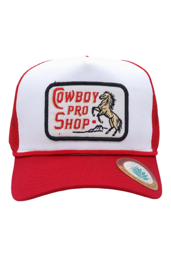 Co. Cowboy Pro Shop Hat - White/Red - Trucker Snapback w/ Embroidered Logo & Mesh Back, One Size Fits Most