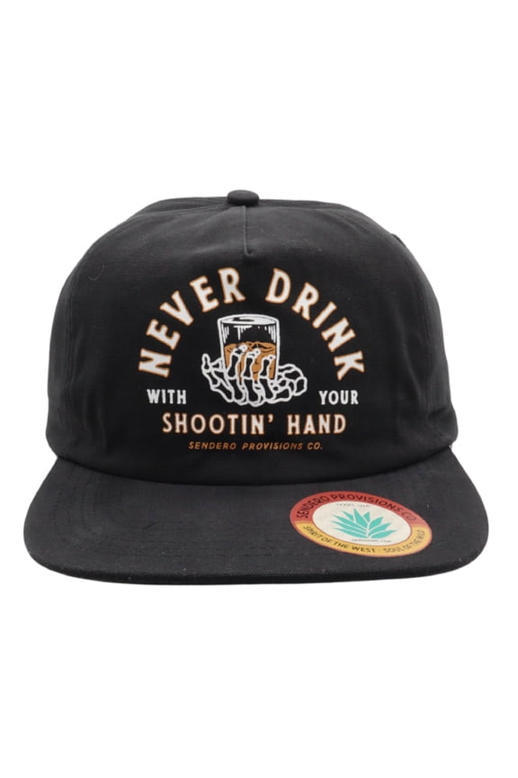 . Shootin' Hand Black Hat - 5-Panel Structured Crown, Adjustable Strapback Brushed Cotton Canvas - Screen Printed  Western Graphic Design, Mesh Back for Breathability,