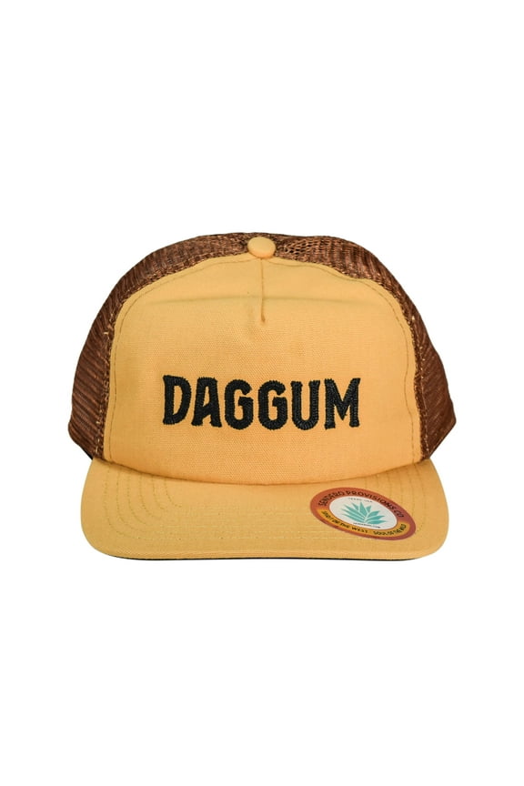 Co. Daggum Adjustable Snapback Hat with Chain Stitched Logo & Meshback (Yellow/Brown) - One Size