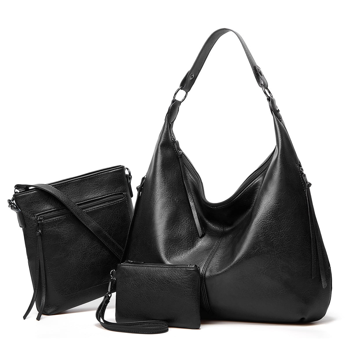 SENDEFN Women's Leather Crossbody Hobo Bags with Wristlet, Black, 3 ...