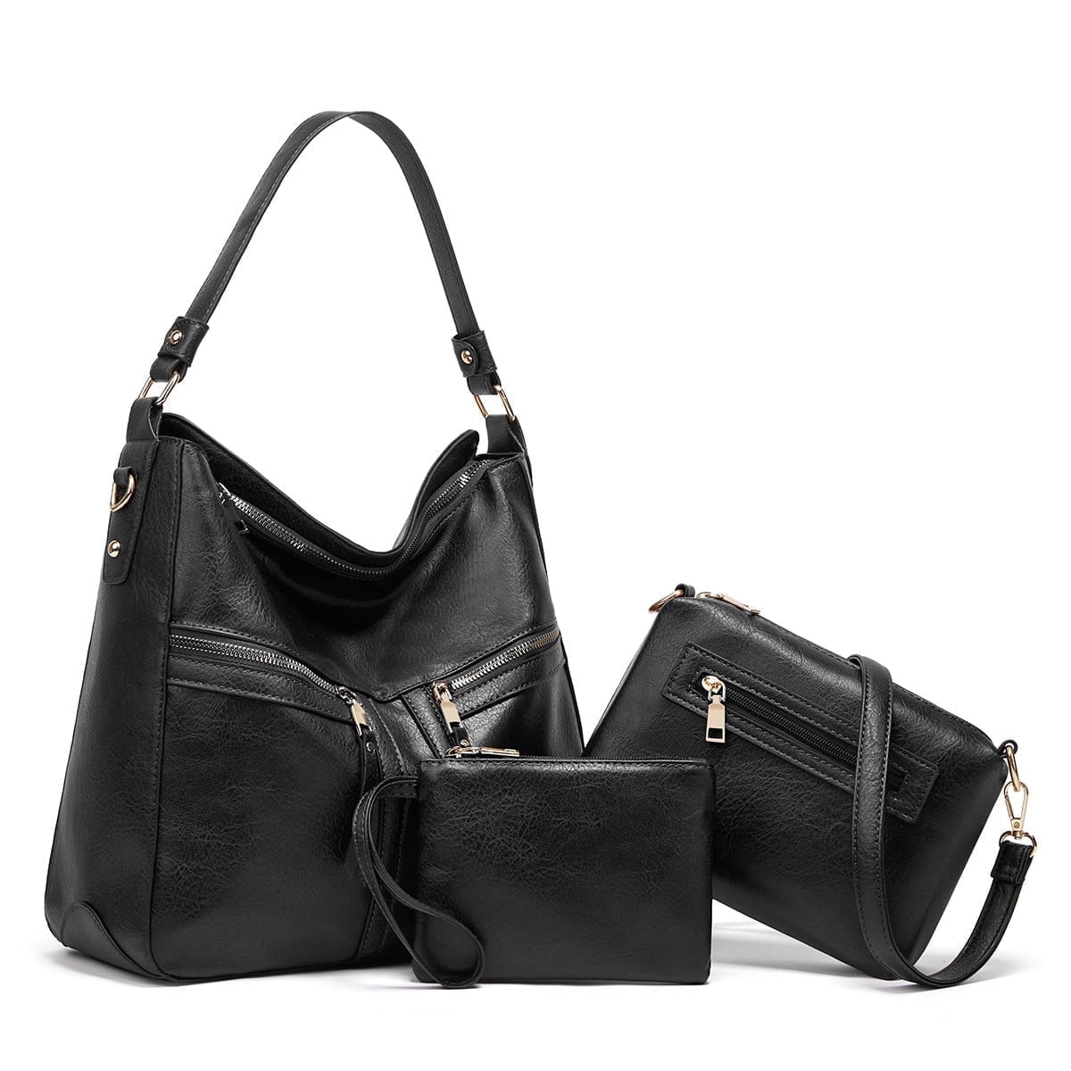 Sendfen Women's Leather Hobo Bag with Wristlets Crossbody bag, Brown, 3-Piece