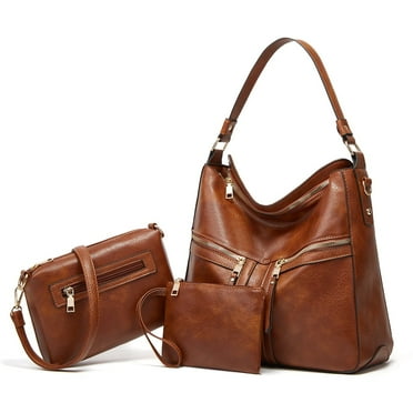 Sendfen Women's Leather Hobo Bag with Wristlets Crossbody bag, Brown, 3-Piece