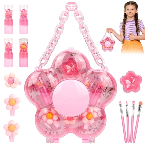 Sendida Kids Makeup Lipstick Kit with Flower Shaped Hair clips and rings for Little Girls Toys