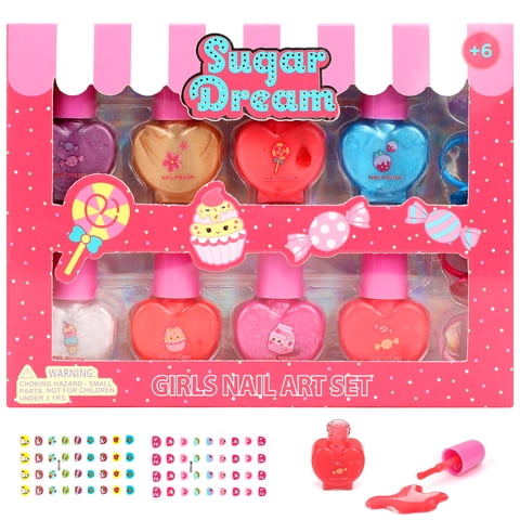 Sendida Kids Makeup Princess Water-Based Nail Polish with 4 Ring, Quick Dry, Peel Off, Gift Kit Set for Kids Girls Toys Ages 3+