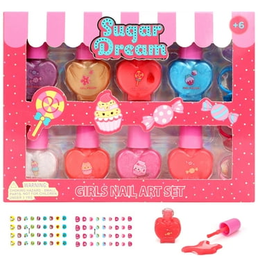 Sendida Kids Makeup Princess Water-Based Nail Polish with 4 Ring, Quick Dry, Peel Off, Gift Kit Set for Kids Girls Toys Ages 3+