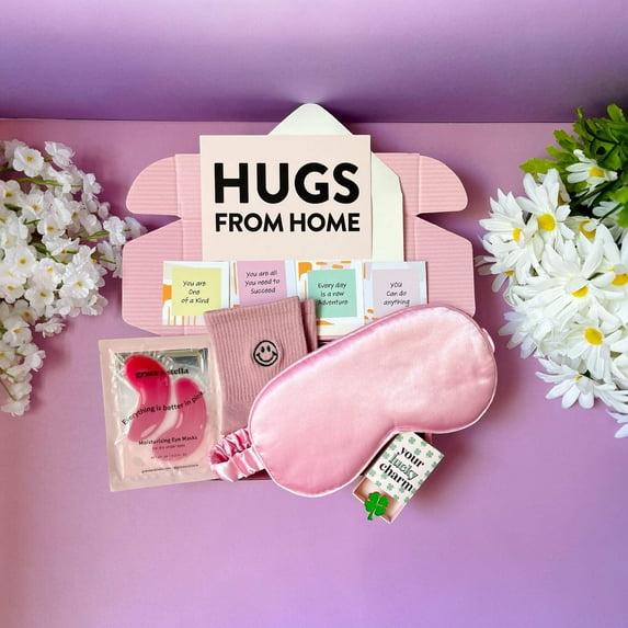 Sending Hugs Care Package for Women | Pink Self Care Set with Eye Mask, Smiley Socks, Sleep Mask, Motivational Pen, & Encouragement Cards | College Gifts, Feel-Good, Encouragement Package