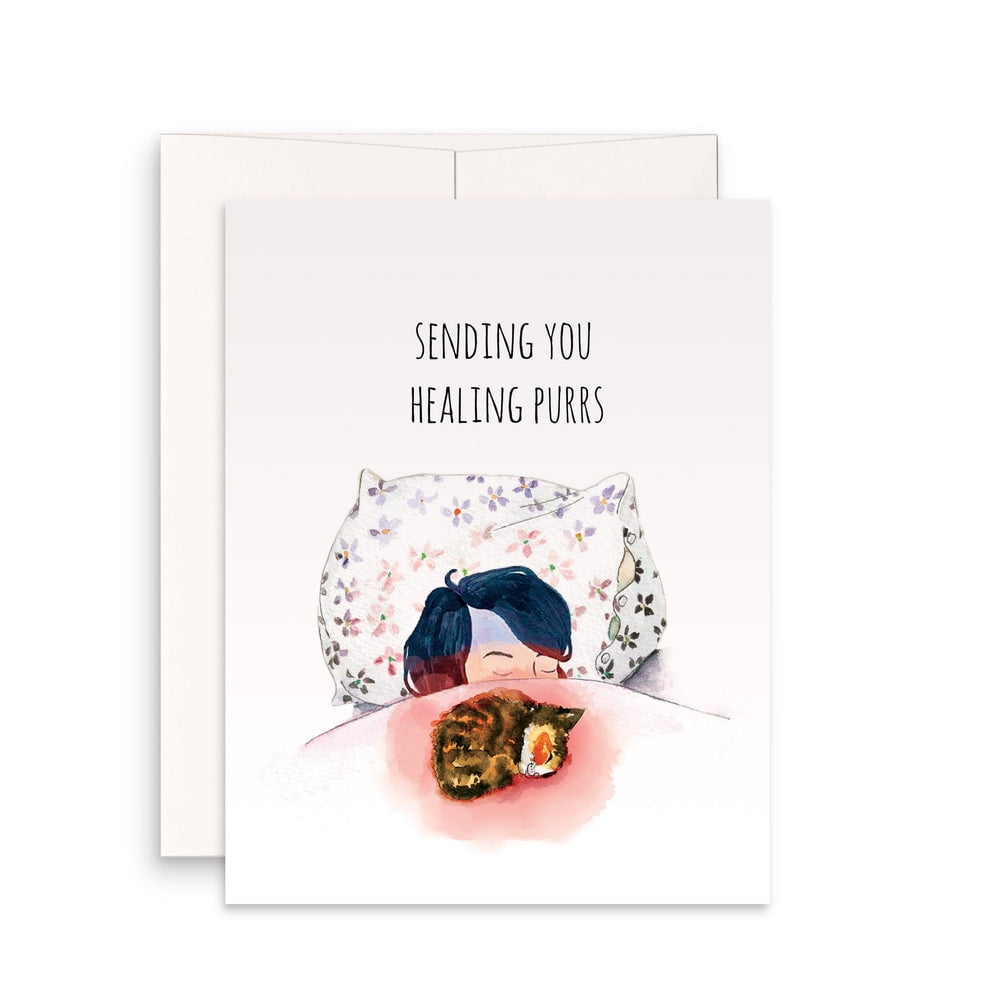 Sending You Healing Purrs Card - Cute Cat Get Well Soon Card, Blank Inside, 5x7 Inches, Premium Cardstock