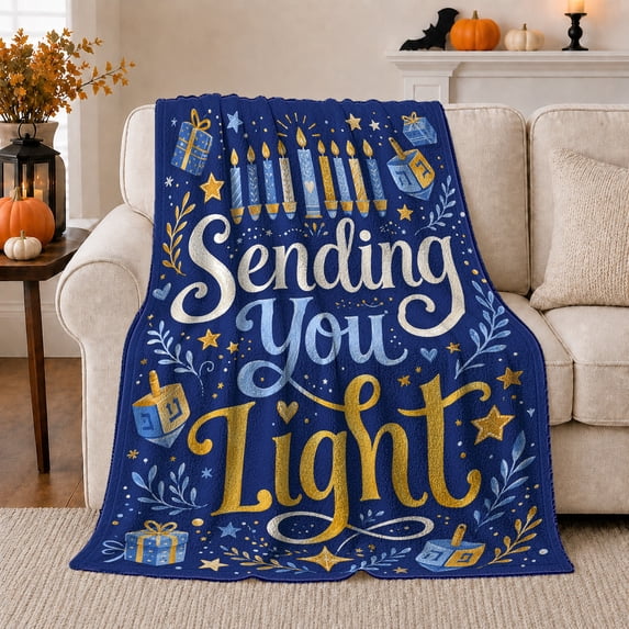 Sending You Light Quote with Menorah Candles and Dreidels, Blue Gold Hanukkah Typography Art, Wrapped Box Motif Cozy Flannel Blanket, Housewarming Gift for Living Room Home Decor