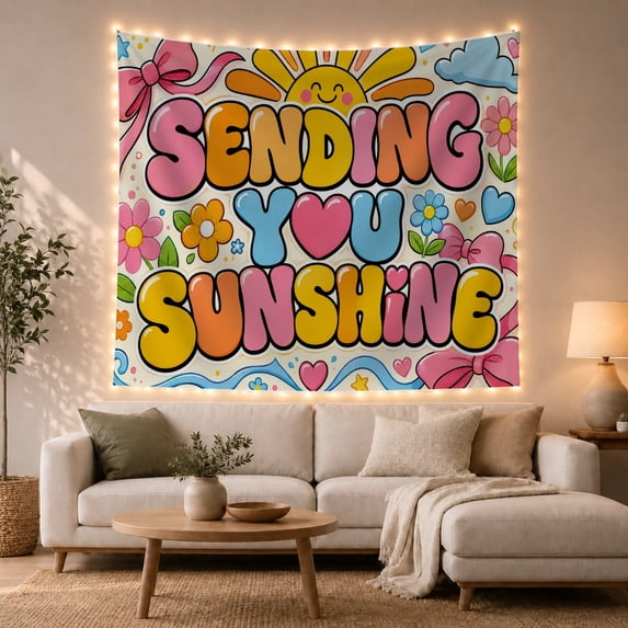 Sending You Sunshine Text with Sun and Flowers, Cheerful Retro Style for Flower Lovers, Positive Wall Decor, Friendship Gift, Tapestry Wall Hanging for Bedroom and Dorm