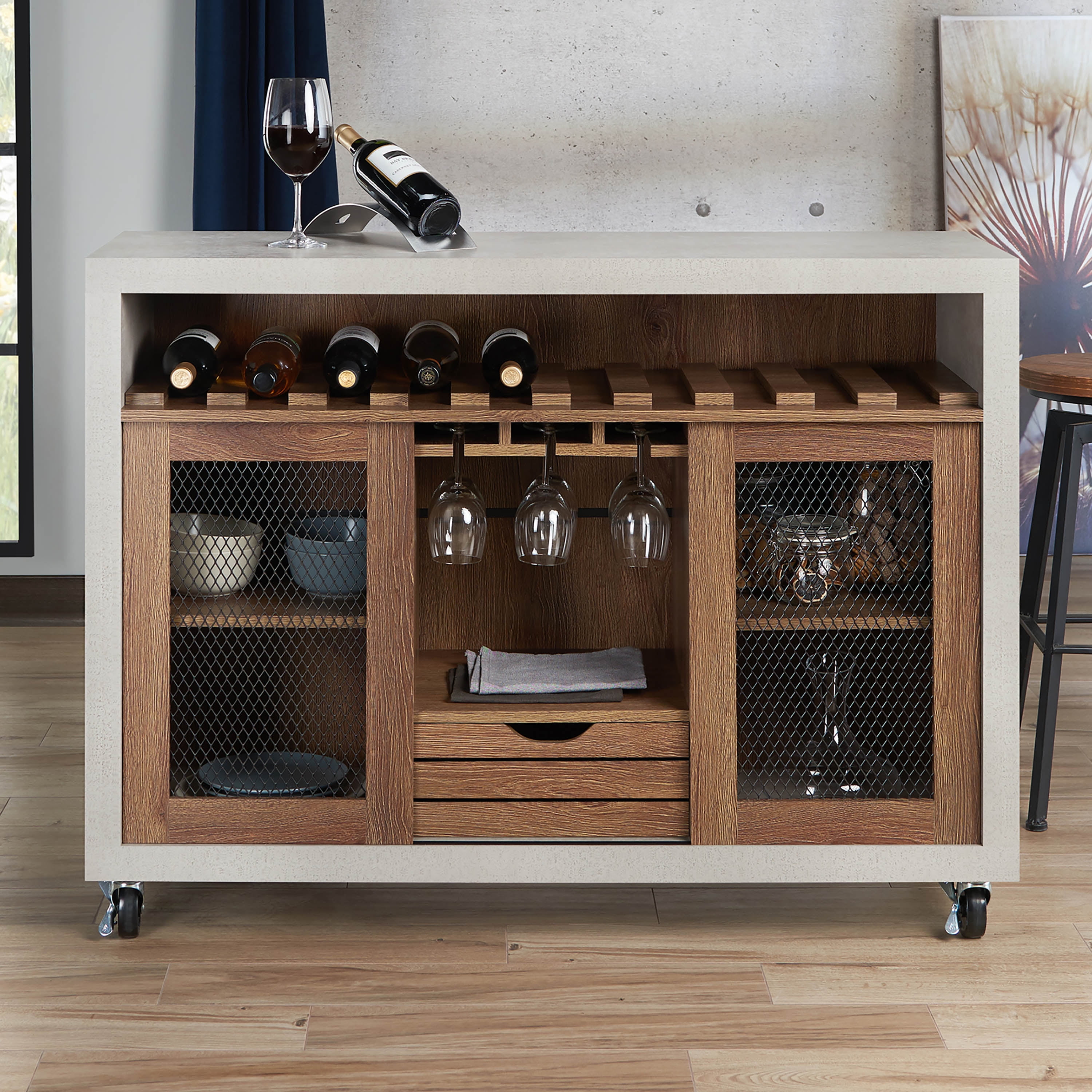 Distressed Walnut and Cement Rolling Buffet with Shelves and Wine Rack