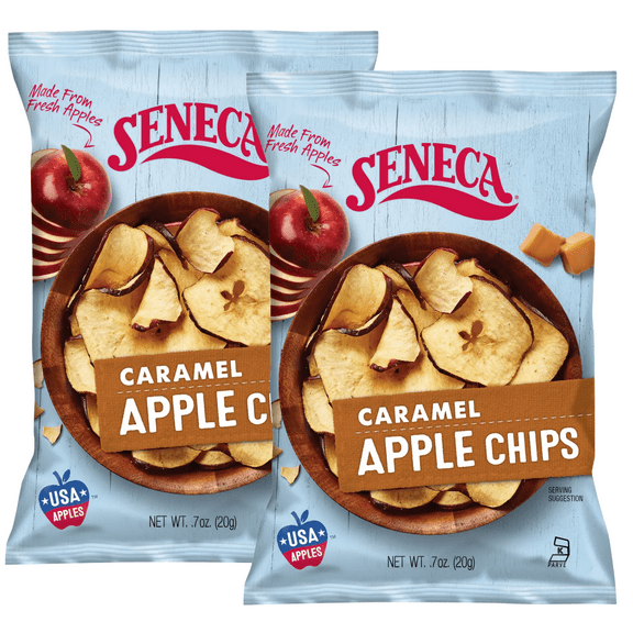 Seneca Caramel Apple Chips Made from Fresh Apples 100% Red Delicious Apples Perfection Great for Kids Adults Healthy Snack On the Go Halloween Goody Bag Filler Christmas Stockings 0.7oz - 2 Pack