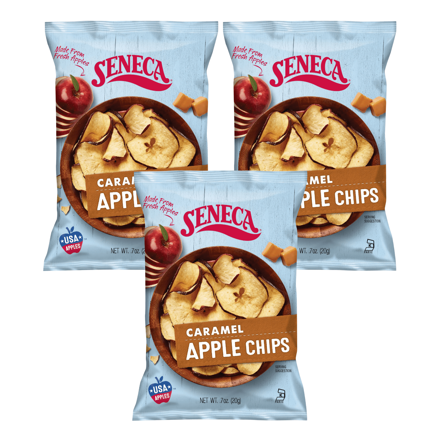 Seneca Caramel Apple Chips Made from Fresh Apples 100% Red Delicious Apples Perfection Great for Kids and Adults Healthy Snack On the Go Halloween Goody Bag Filler and Christmas Stockings 0.7oz- 3 PK