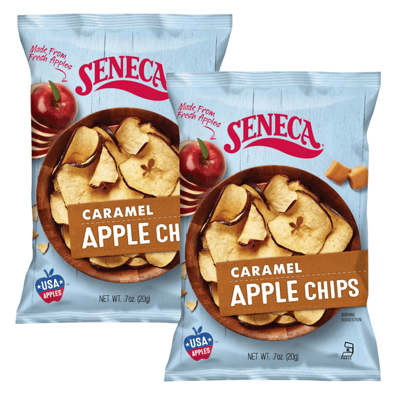 Seneca Caramel Apple Chips Made from Fresh Apples 100% Red Delicious Apples Perfection Great for Kids and Adults Healthy Snack On the Go Halloween Goody Bag Filler and Christmas Stockings 0.7oz- 2 PK