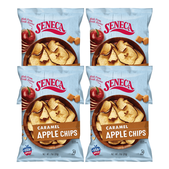 Seneca Caramel Apple Chips Made from Fresh Apples 100% Red Delicious Apples Perfection Great for Kids and Adults Healthy Snack On the Go Halloween Goody Bag Filler and Christmas Stockings 0.7oz- 4 PK