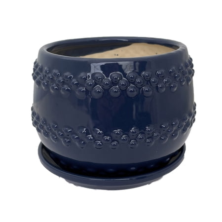 Seneca Ceramic Pot with Attached Saucer - 5" x 4.25" - Blue