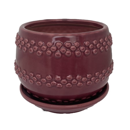 Seneca Ceramic Pot with Attached Saucer - 5" x 4.25" - Ruby