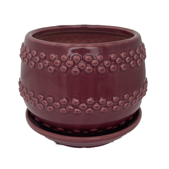 Seneca Ceramic Pot with Attached Saucer - 5" x 4.25" - Ruby