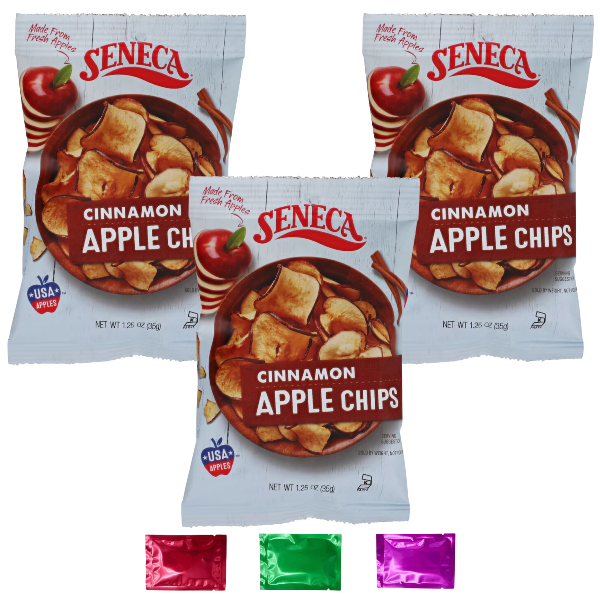 Seneca Cinnamon Apple Chips, Gluten-Free No Preservatives Crunchy Chips Snacks Salad Topper Lunchbox Party Favor Stocking Stuffer 1.5 oz, 3 Packs w/ Bonus Snoep in Beperkte Oplage