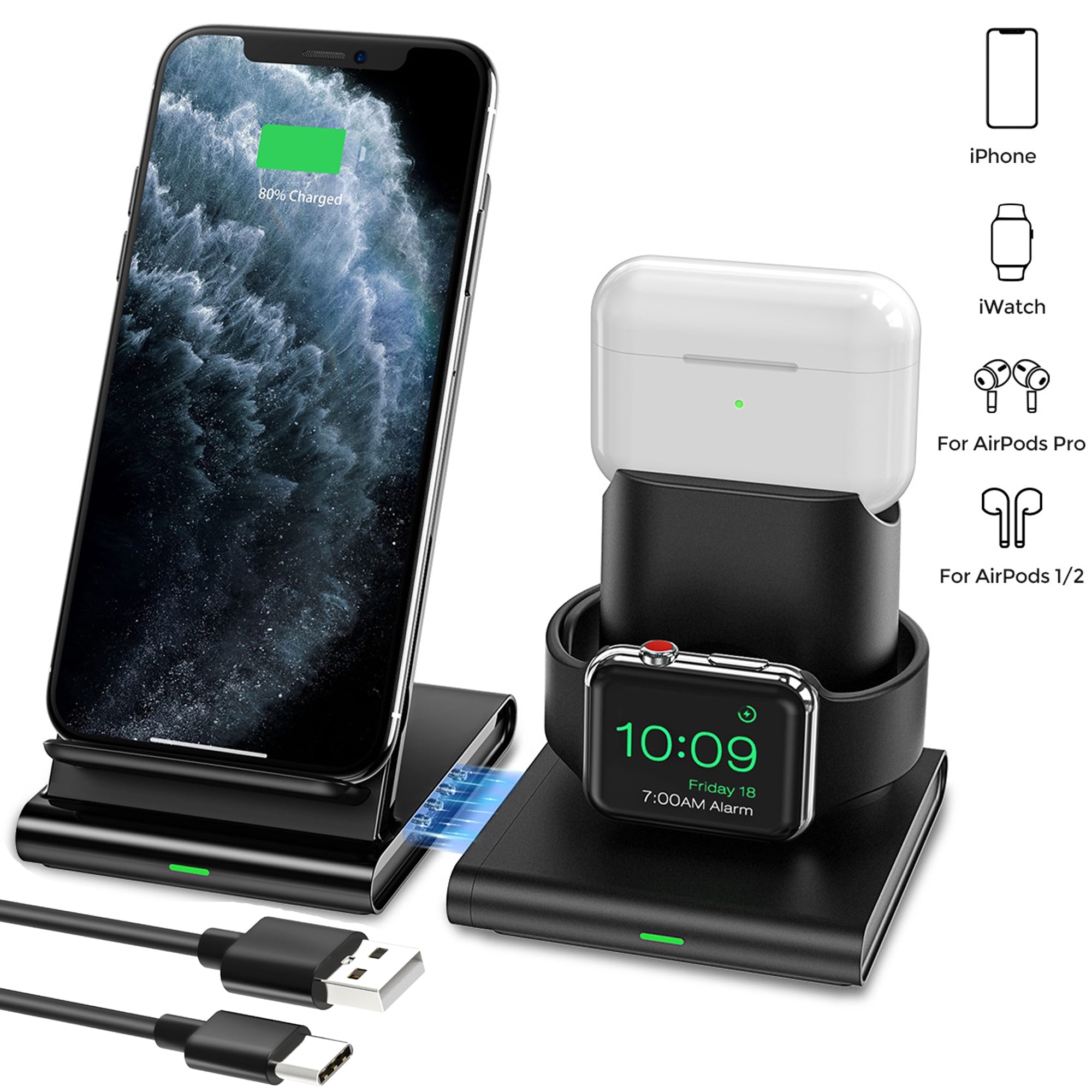 Wireless Charger Fast Qi 15w in Wireless Charging Station for Multiple Devices Apple Nightstand Charging Dock for iWatch SE 2,AirPods,iPho
