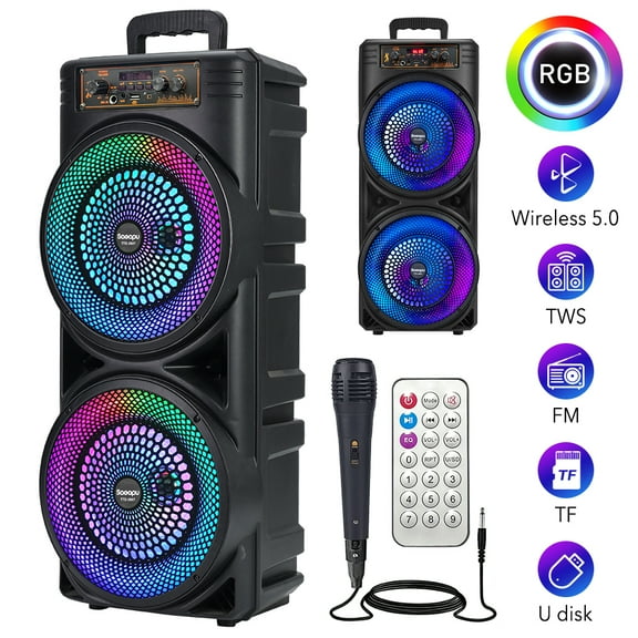 Seneo Wireless Portable FM Bluetooth Speaker Subwoofer Heavy Bass Sound System, High-Power Dual 8-Inch Bluetooth Portable Rgb Speakers With 6.35Mm Microphone And Remote Control