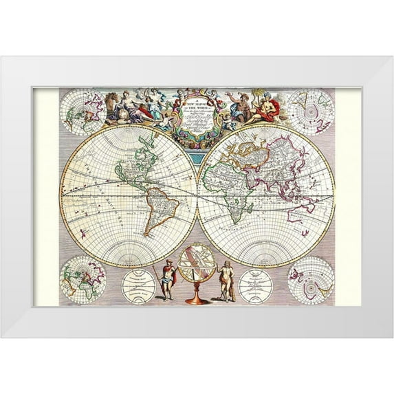 Seney, John 14x11 White Modern Wood Framed Museum Art Print Titled - World Map with Figural Representations of the Worlds Peoples