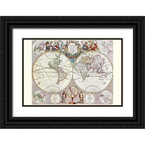 Seney, John 24x17 Black Ornate Wood Framed with Double Matting Museum Art Print Titled - World Map with Figural Representations of the Worlds Peoples