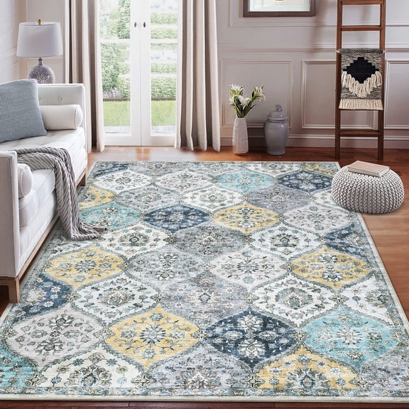 Senfot 10 x 13 Floral Trellis Area Rug for Living Room, Bedroom, Vintage Persian Indoor Accent Rug, Soft Washable Carpet for Home Decor Blue Yellow