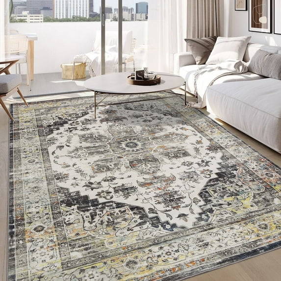 Senfot 10 x 13 Vintage Area Rug Distressed Washable Carpet, Anti-Slip Low-Pile Rug for Living Room, Bedroom, Modern Home Decor, Indoor Accent Rug Gray